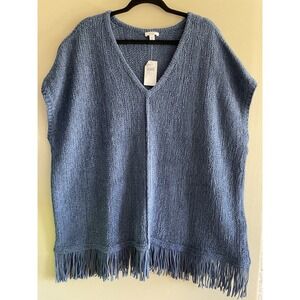 NWT Pure Jill Womens Size XLT Fringed V Neck Indigo Blue Sweater Reg $99 (11567)